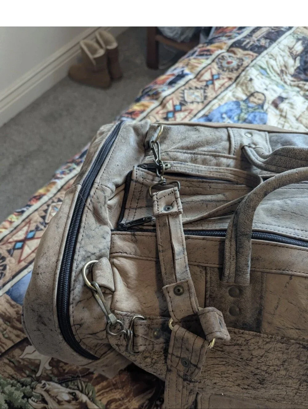 Brushed Leather Travel Gym Bag 4 Clip Removable Shoulder Strap Double Zip